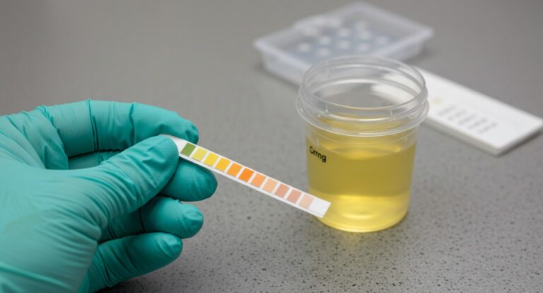 Close-up view of a urine sample and a reagent strip